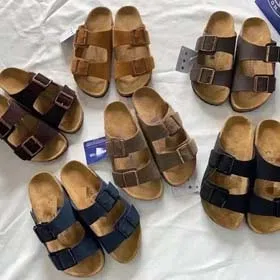 BIRKENSTOCK Lazy men's and women's double buckle flat slippers genuine leather cork footbed comfortable outdoor sandals-2342  