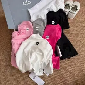 ALO 2025 New Simple Letter Print Slimming Round Neck Casual All-match T-shirt-2578  