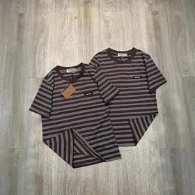 MIUMIU Letter striped round neck short-sleeved T-shirt loose layered pure cotton unisex top pocket-2584  