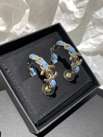 Chanel Light Gold Denim Blue Hoop Earrings-3595  