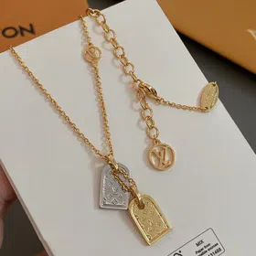 Louis Vuitton LV engraved letter flower gold and silver double shield necklace-3662  