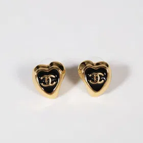 Chanel black enamel love double C gold edge earrings-3739  