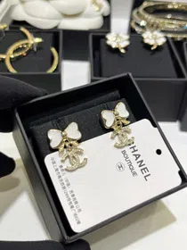 Chanel white glitter enamel bow gold full diamond double C earrings-3745  