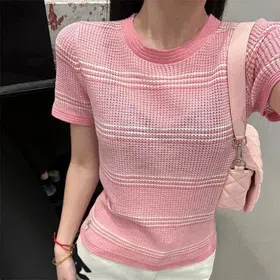 CHANEL Striped contrast hollow knit loose lazy style short-sleeved T-shirt-2797  