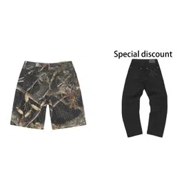 Corteiz star-patterned jeans and floral leaf-patterned capri pants-4949  