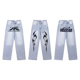 Hellstar Casual Loose Straight-Leg Printed Washed Denim Jeans-5281  