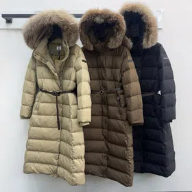Burberry new hooded long down jacket with fur collar and zipper closure-5351  