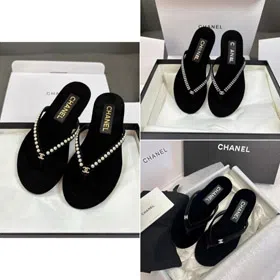 Chanel rhinestone and pearl embellished velvet flat thong sandals-5697  